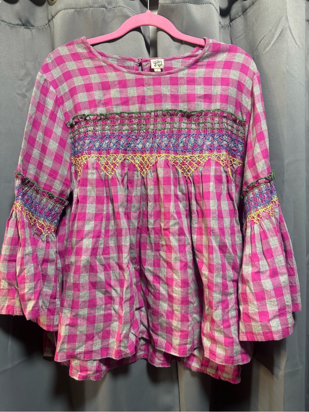 Ivy Jane Boho Smocked Plaid Peasant Top - Pink